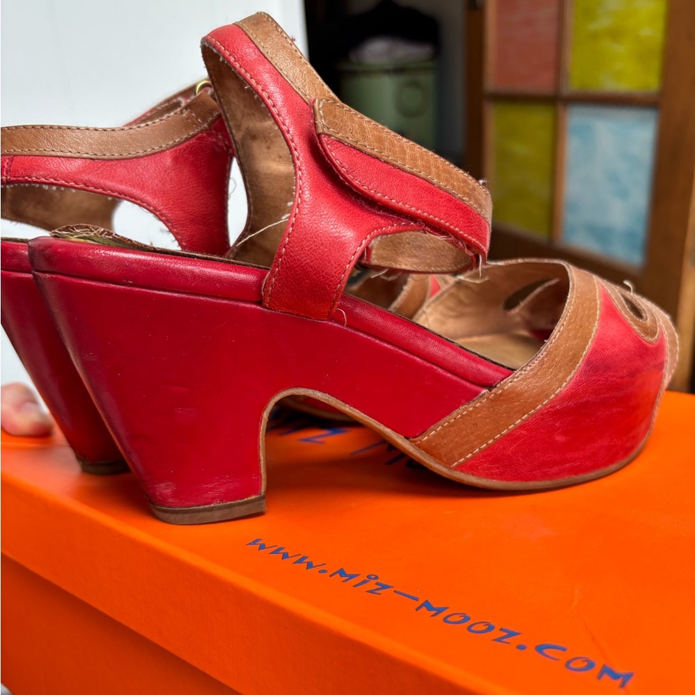 Miz Mooz Calypso Red/Tan Platform Sandals with Vintage Flair and modern comfort